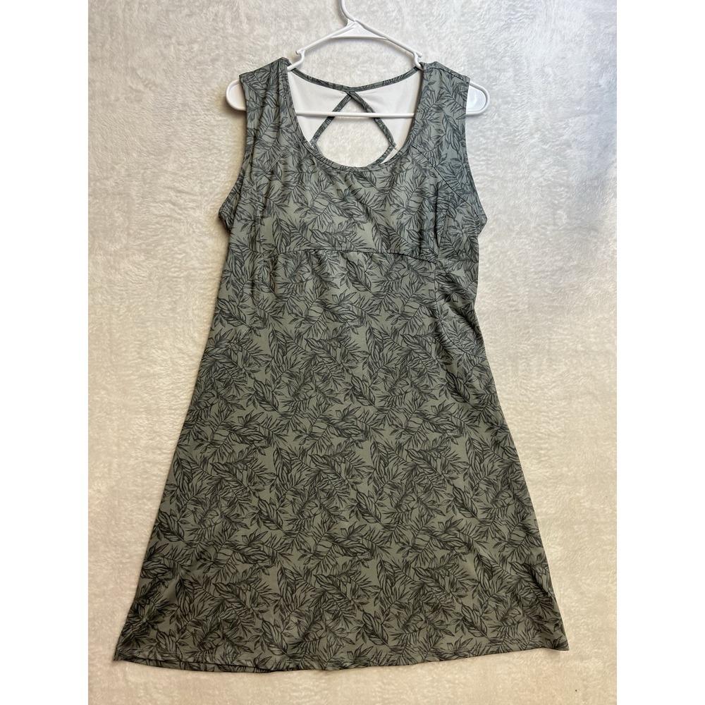 Eddie Bauer Women's M Green Gray Leaf Print Sleeveless Stretch Dress Cross Back